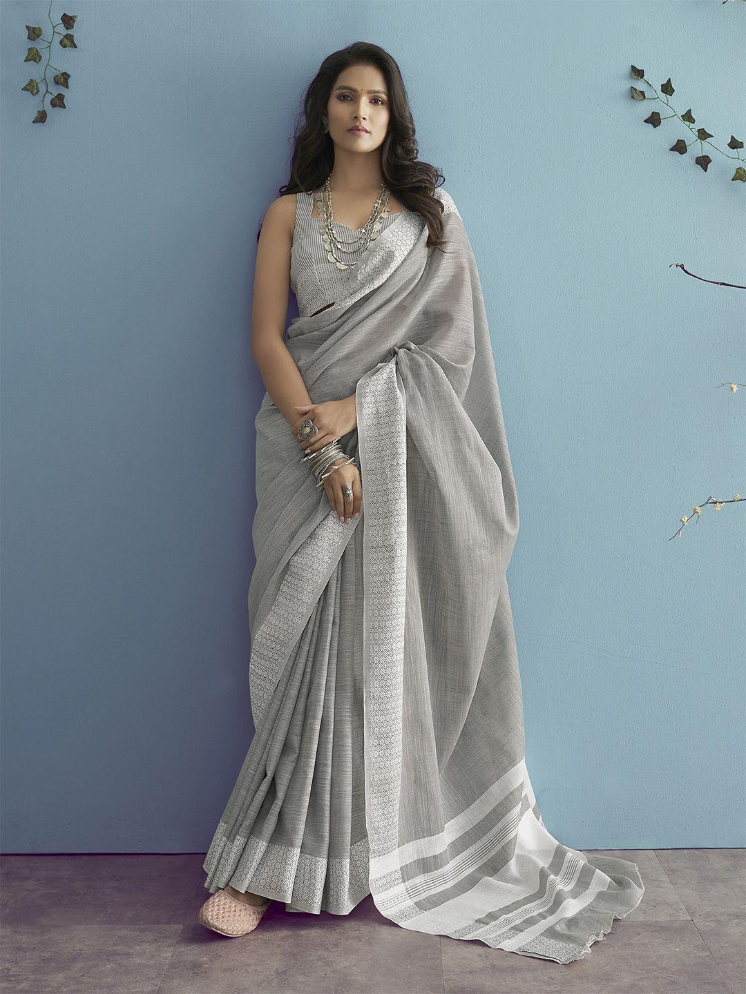elora grey & white solid linen blend saree