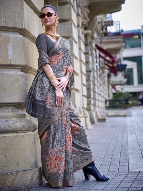 elora grey floral print saree with unstitched blouse