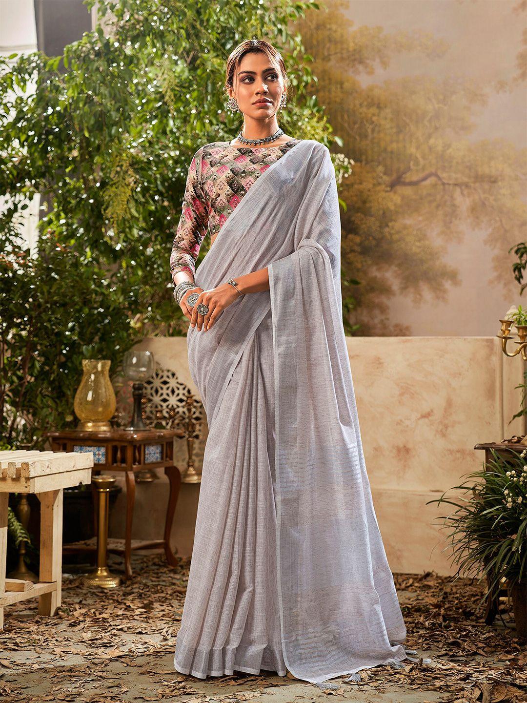 elora grey zari linen blend handloom khadi saree