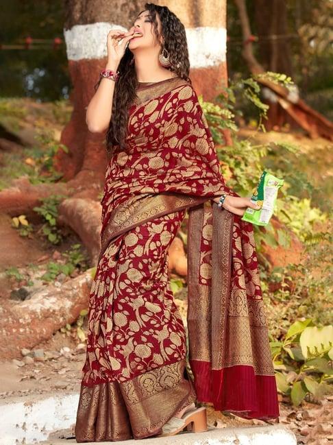 elora maroon linen floral print saree with unstitched blouse