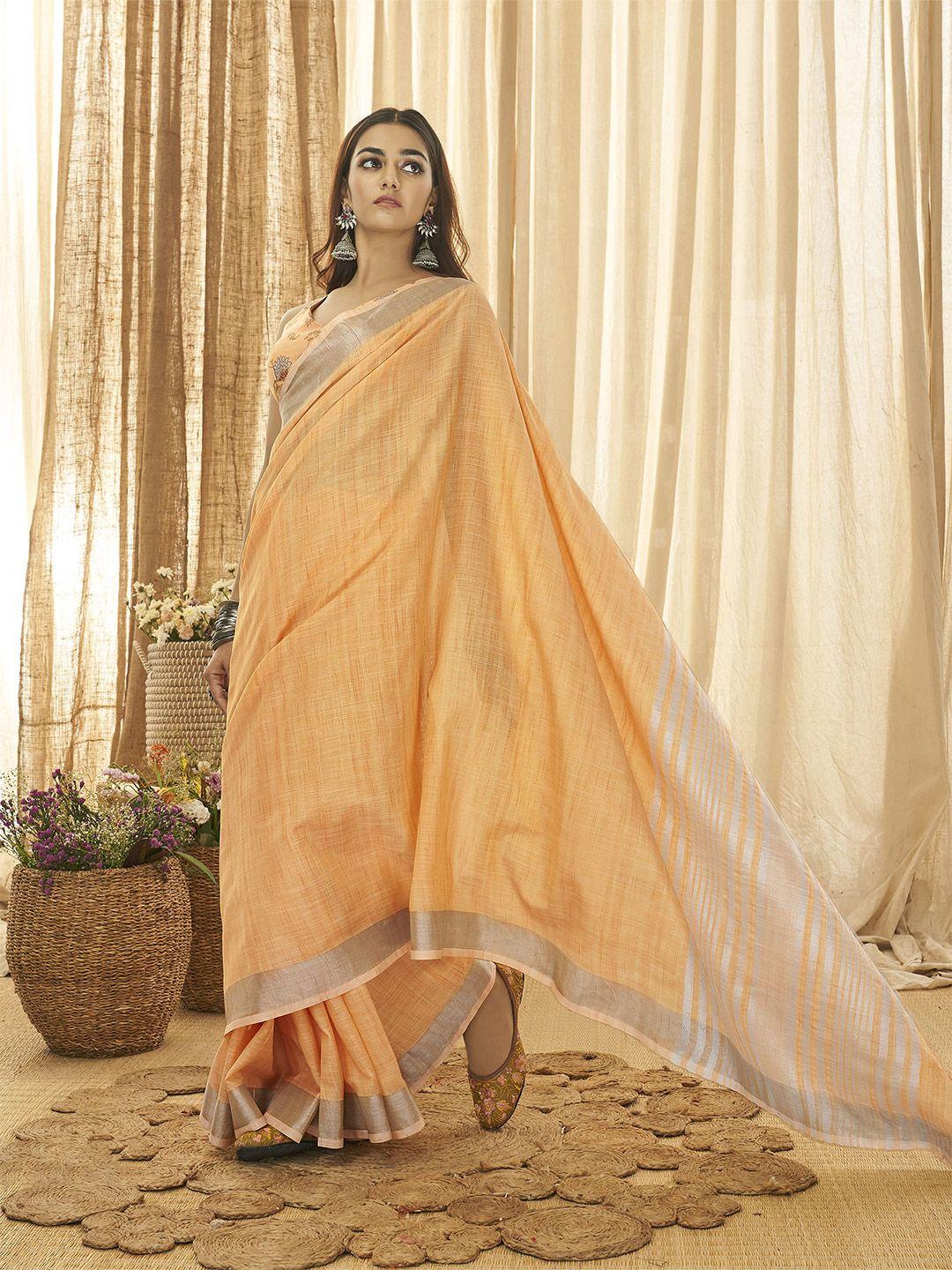 elora orange & silver-toned woven design zari linen blend bhagalpuri saree