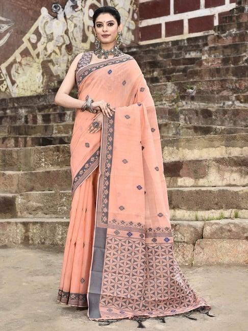 elora peach cotton woven saree with unstitched blouse