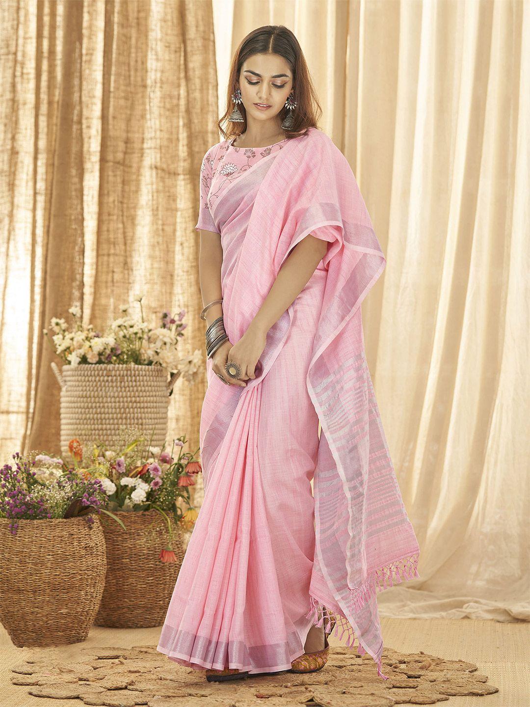 elora pink & silver-toned woven design linen blend bhagalpuri saree