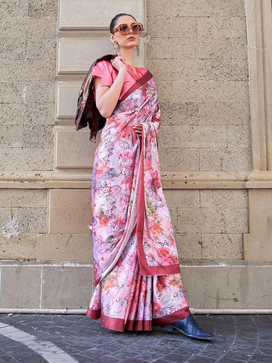 elora pink floral satin designer saree