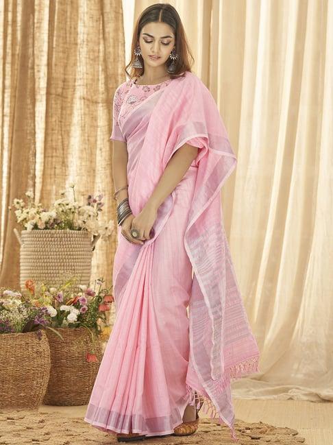 elora pink linen striped saree with unstitched blouse