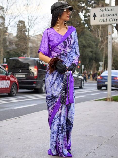 elora purple printed saree with unstitched blouse