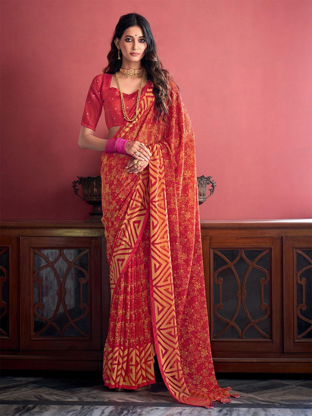 elora red & orange floral pure georgette bhagalpuri saree