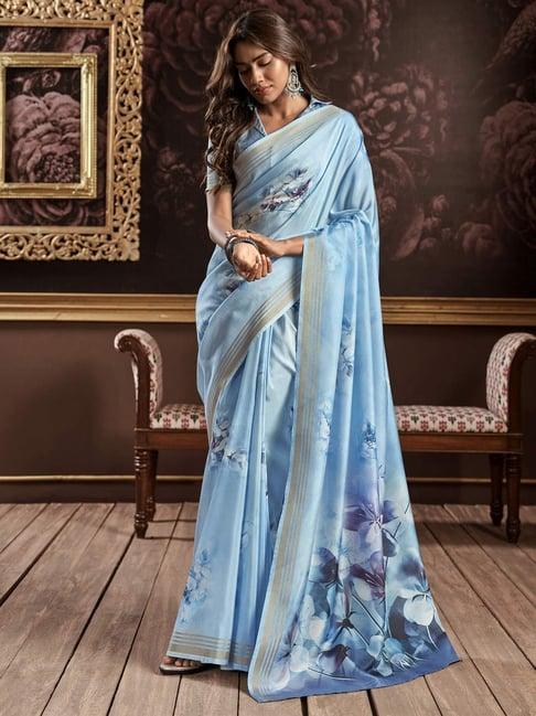 elora sky blue silk floral print saree with unstitched blouse
