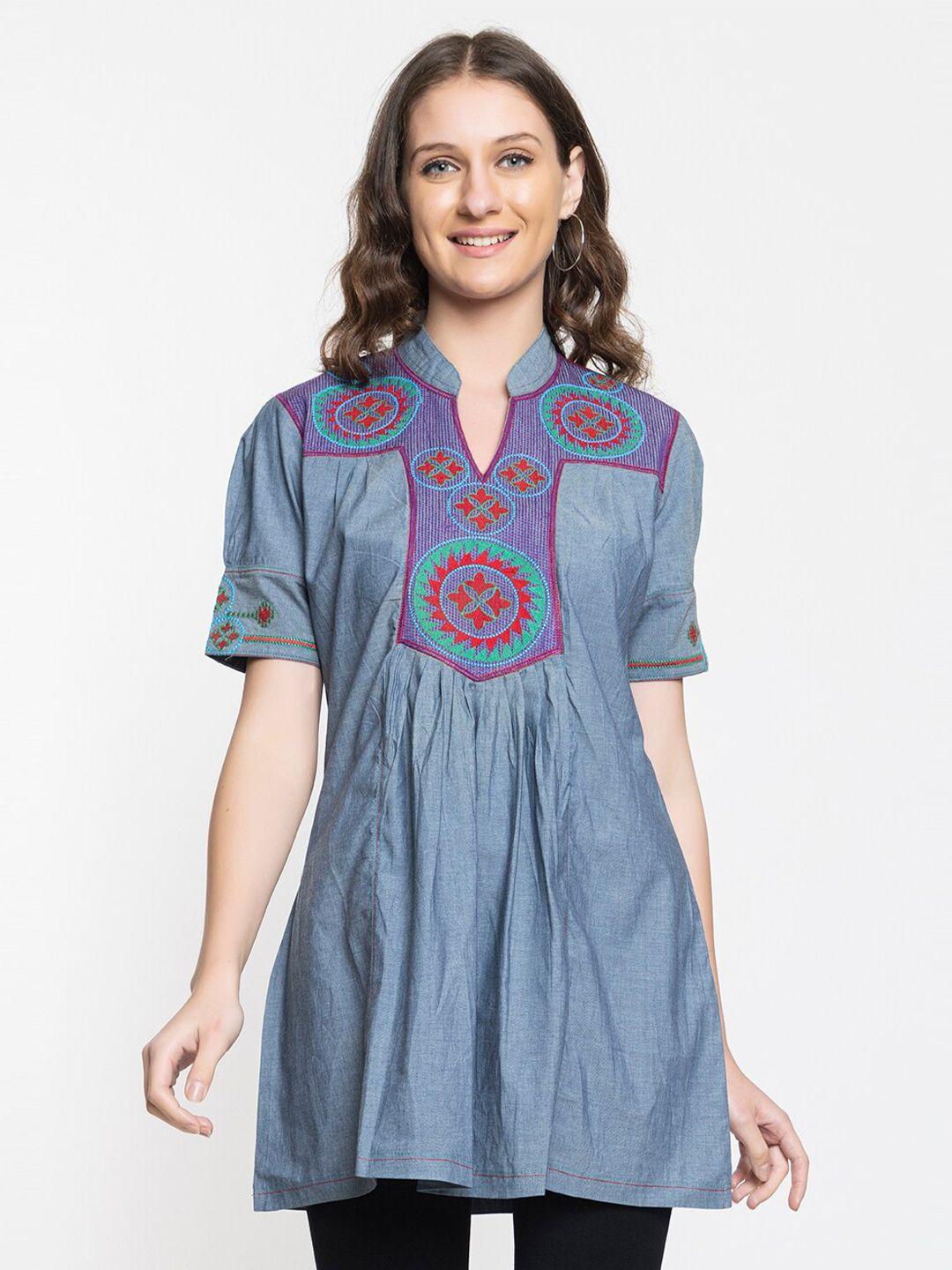 elthia ethnic motifs embroidered thread work denim a-line kurti