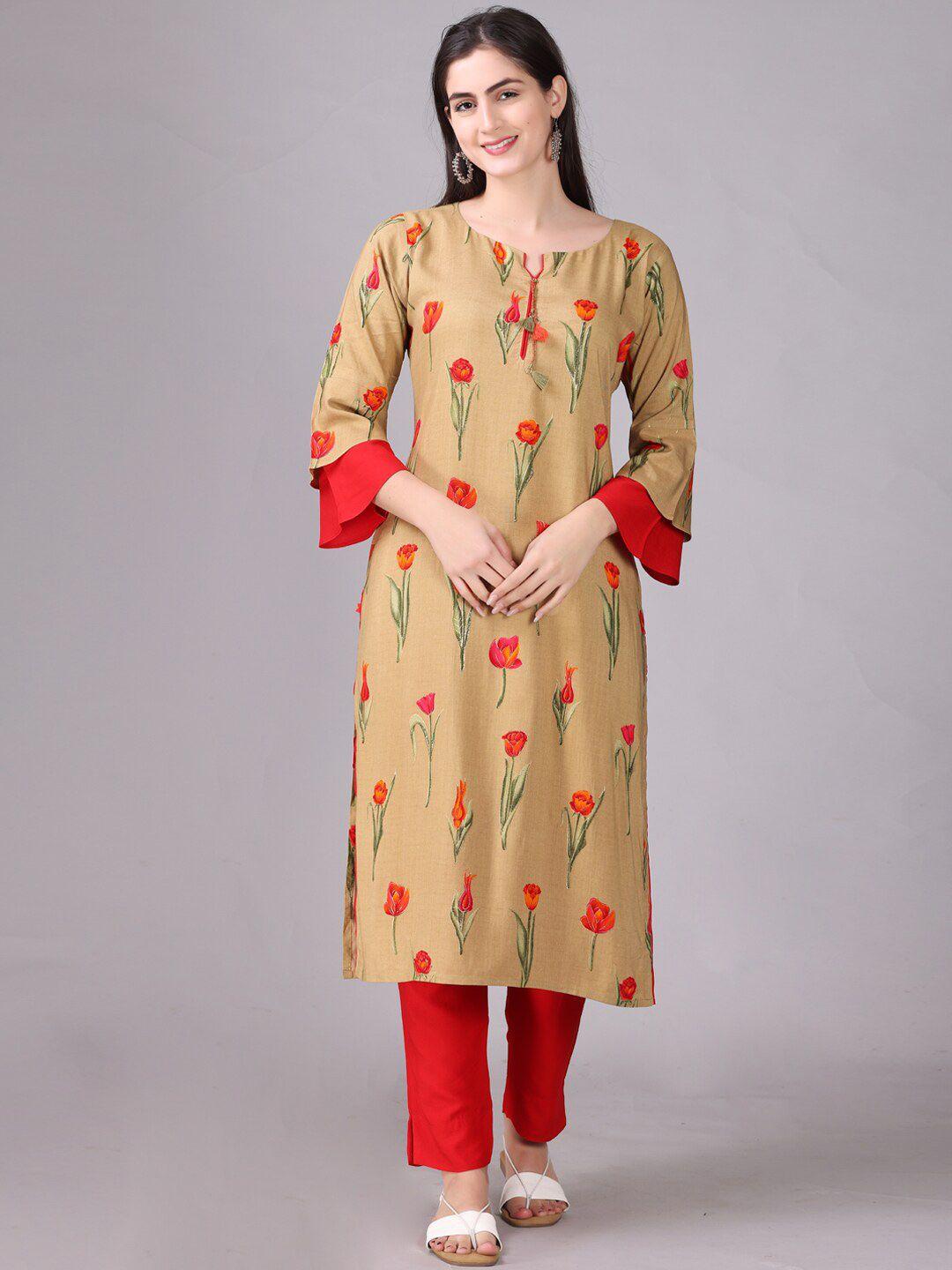 elthia floral printed bell sleeves straight kurta with trousers