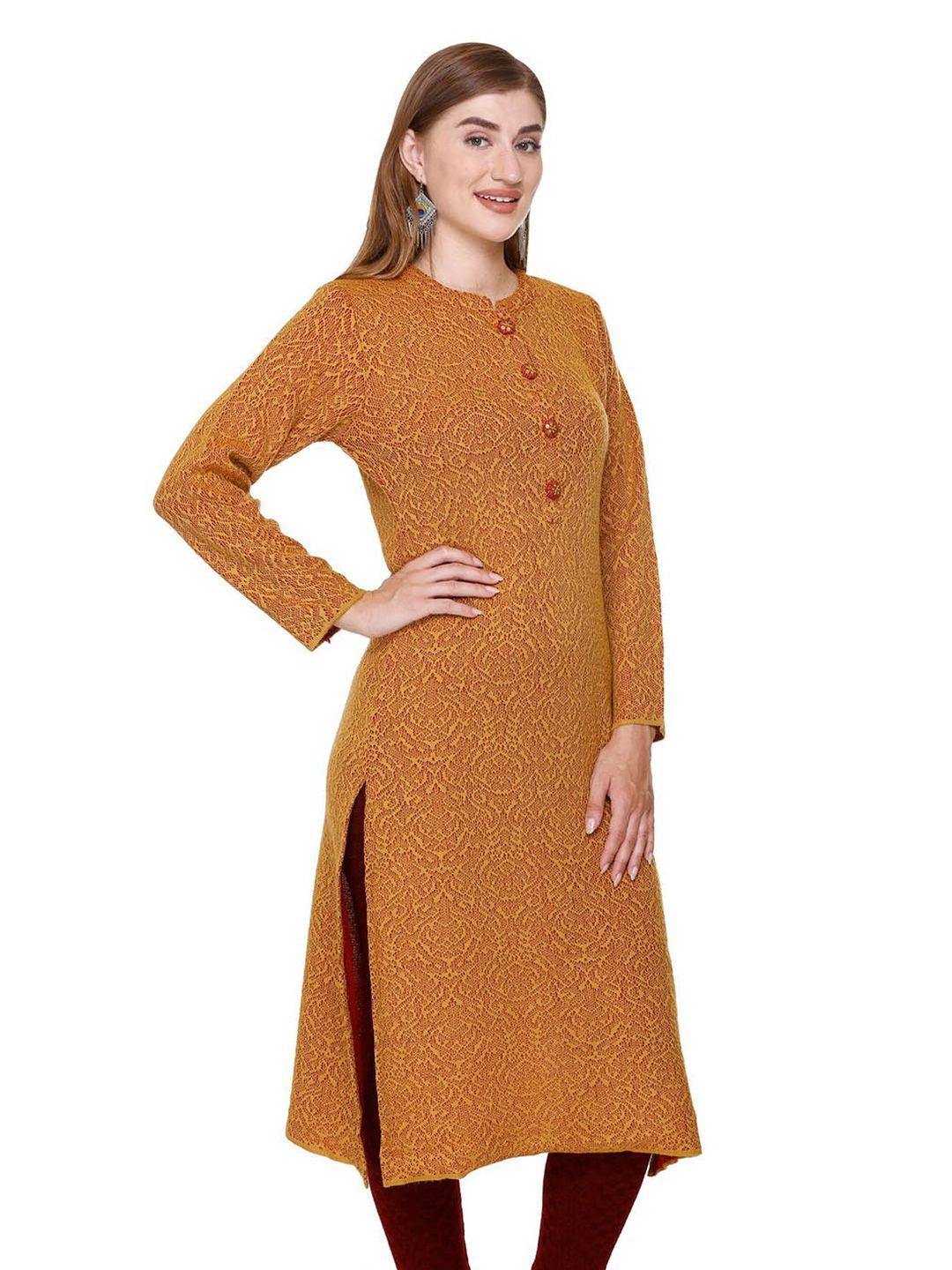 elthia self design mandarin collar long sleeves woolen kurta