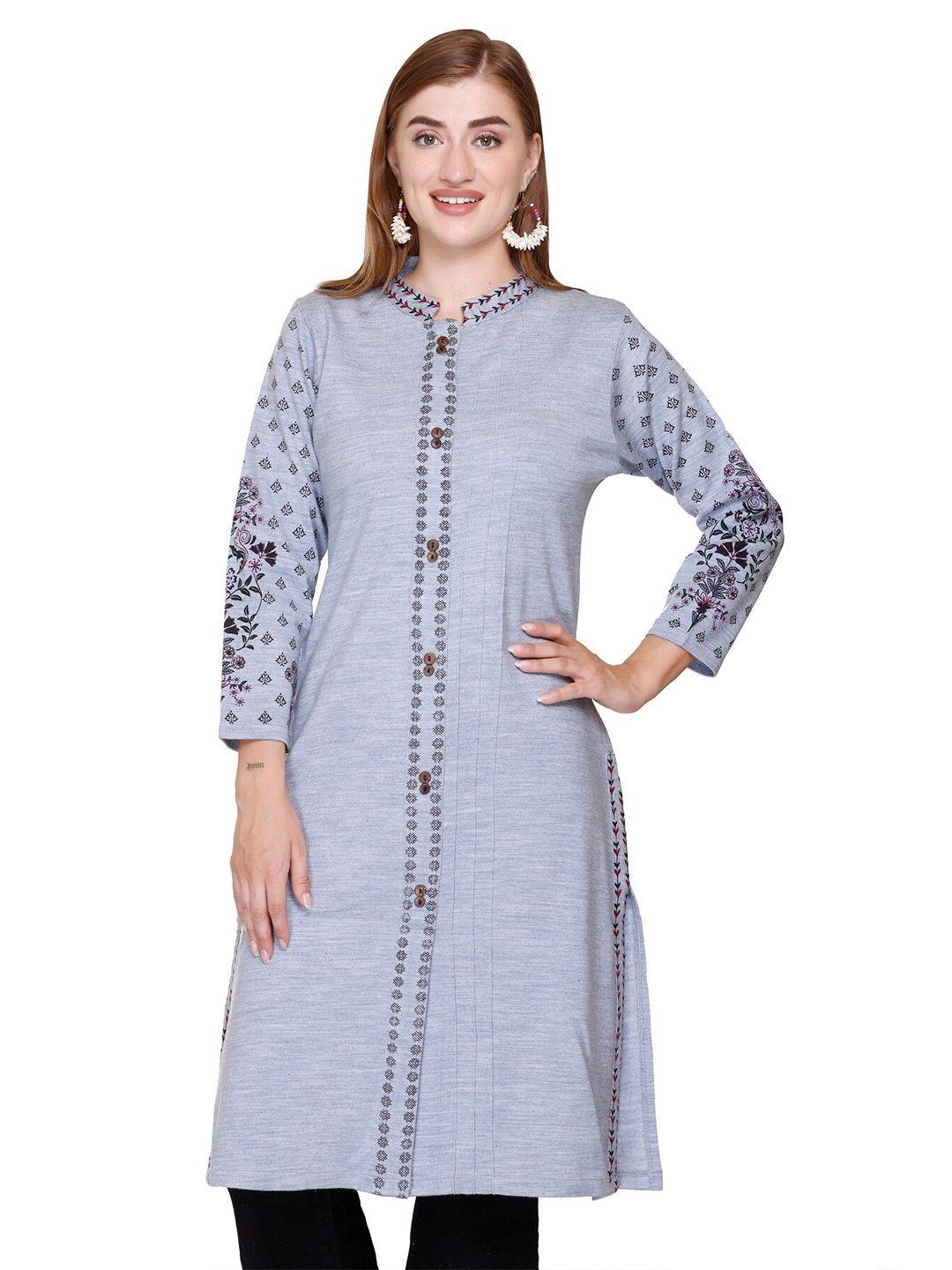 elthia  floral printed mandarin collar pure woolen straight kurta