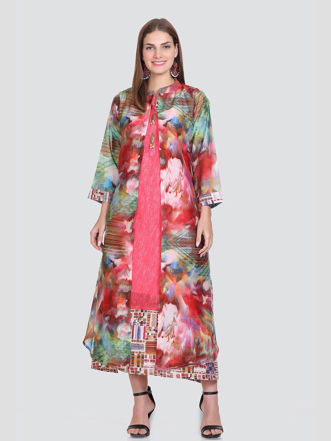 elthia abstract printed mandarin collar georgette a-line midi dress