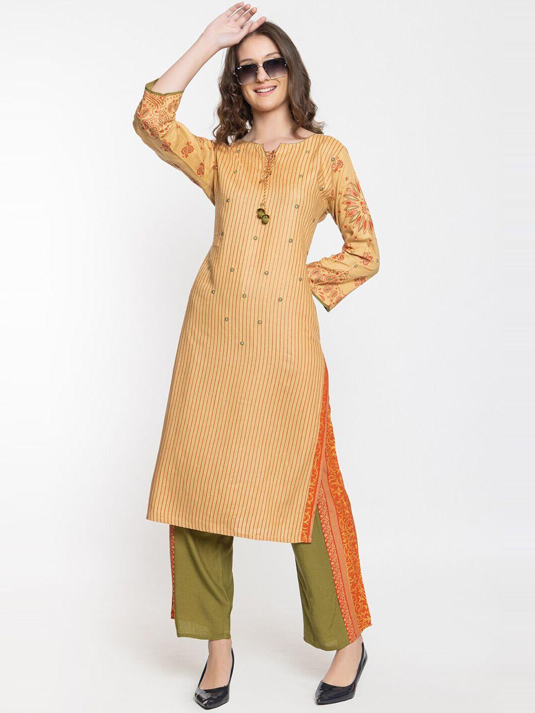 elthia ethnic motifs printed beads detail tie-up neck straight kurta with palazzos