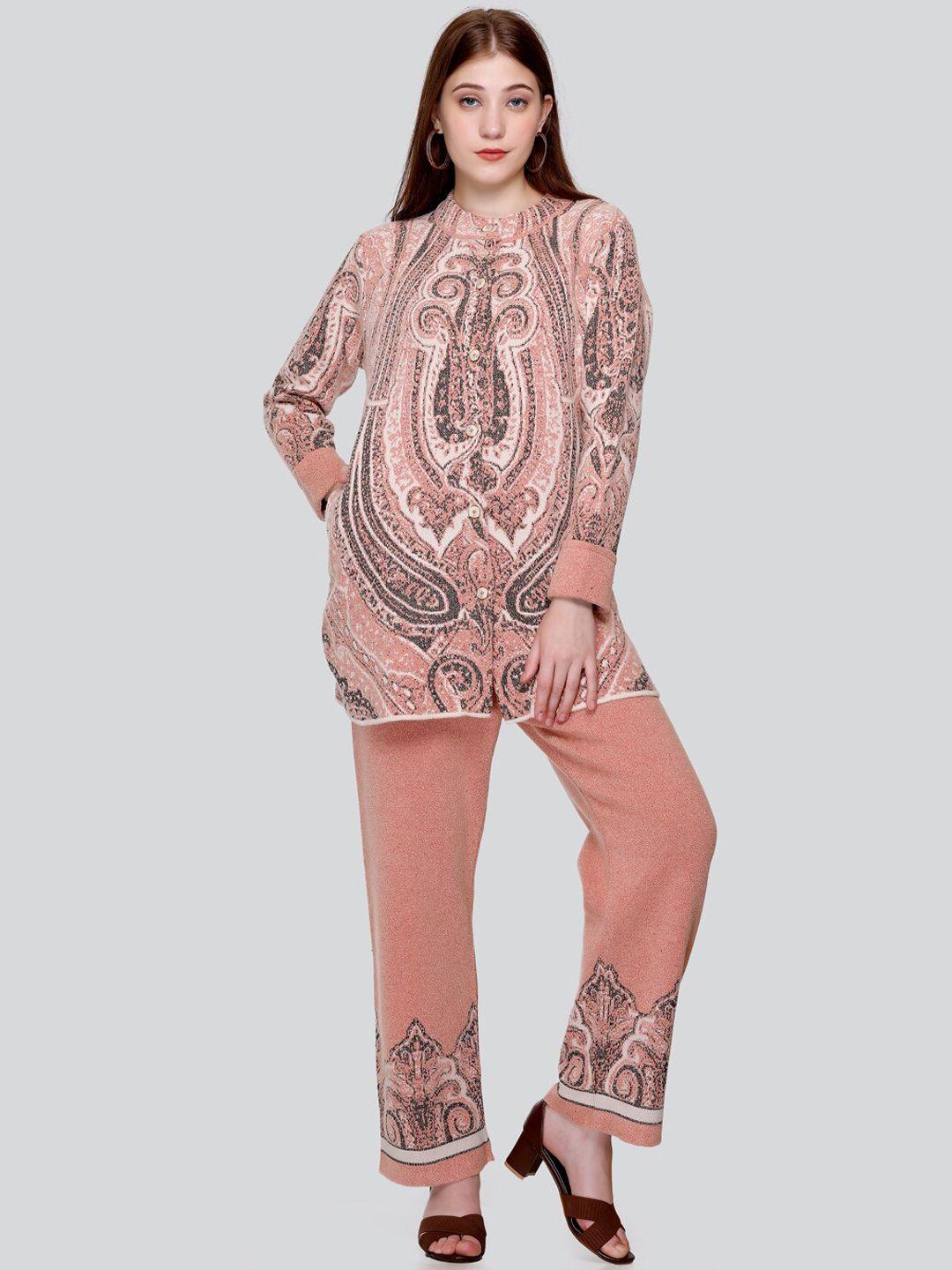 elthia ethnic motifs printed round neck long sleeves suede top with trousers