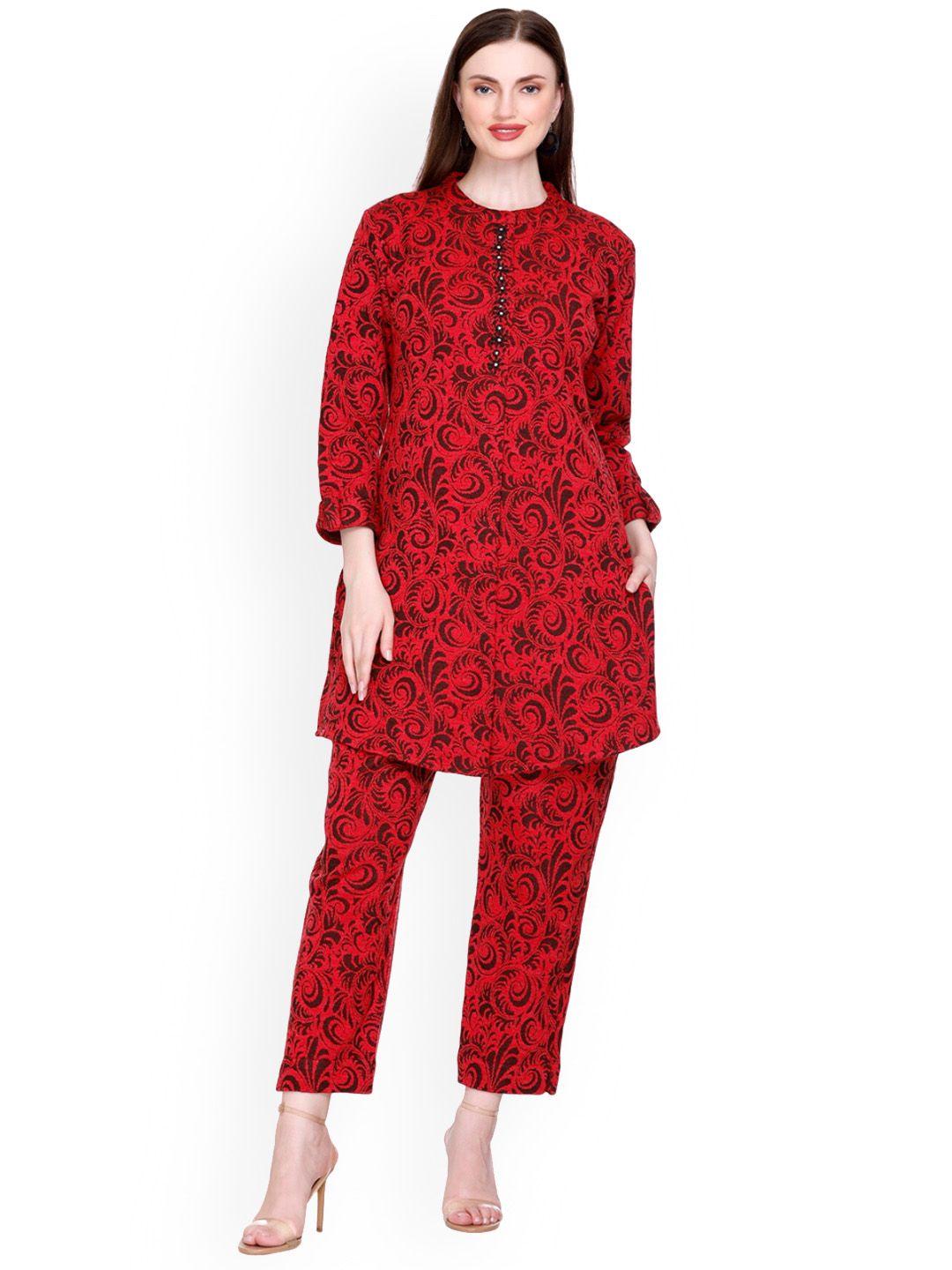 elthia floral pattern self-design knitted tunic with trouser co-ords