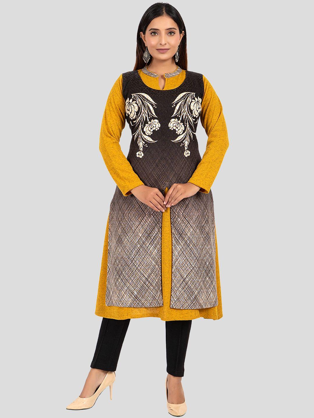 elthia floral printed layered a-line knitted kurta with trousers