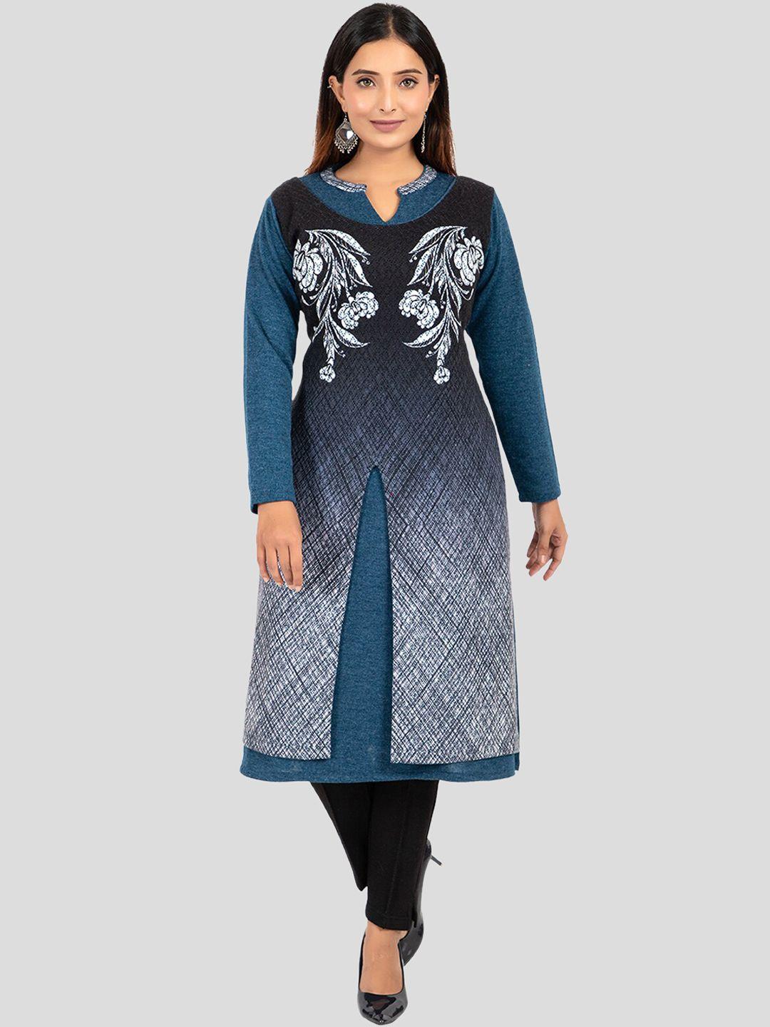 elthia floral printed layered a-line knitted kurta with trousers