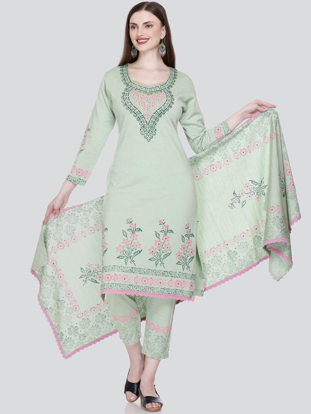 elthia floral printed regular thread work kurta with trousers & with dupatta