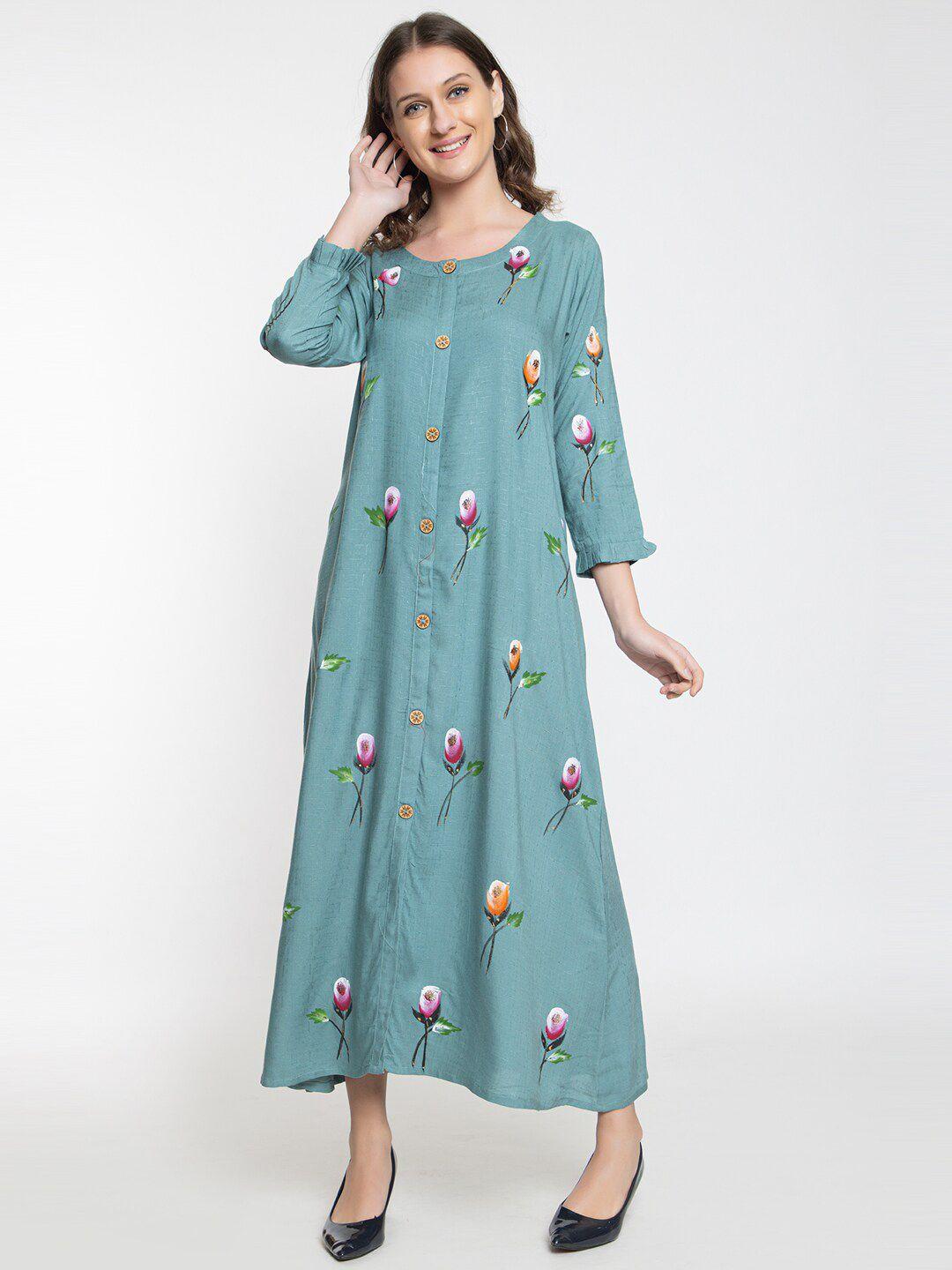 elthia floral printed round neck bell sleeves a-line dress