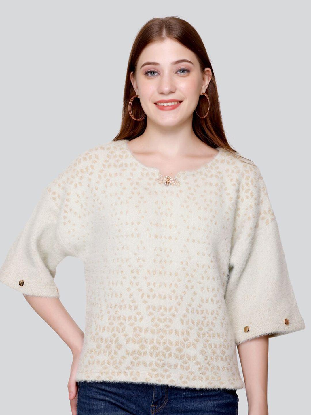 elthia geometric printed drop shoulder sleeves crop woollen velvet boxy top
