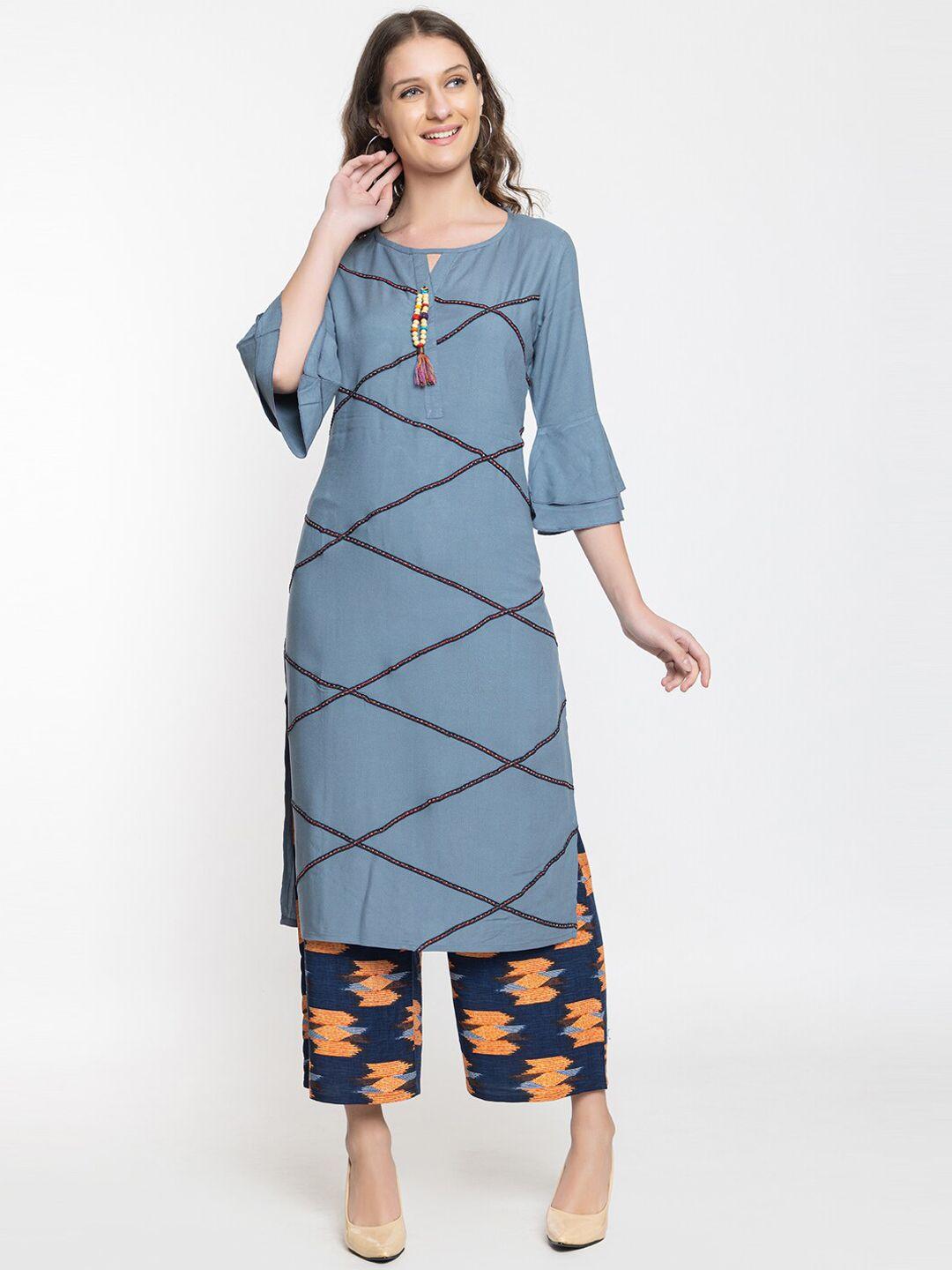 elthia geometric printed thread work bell sleeves straight kurta with palazzos
