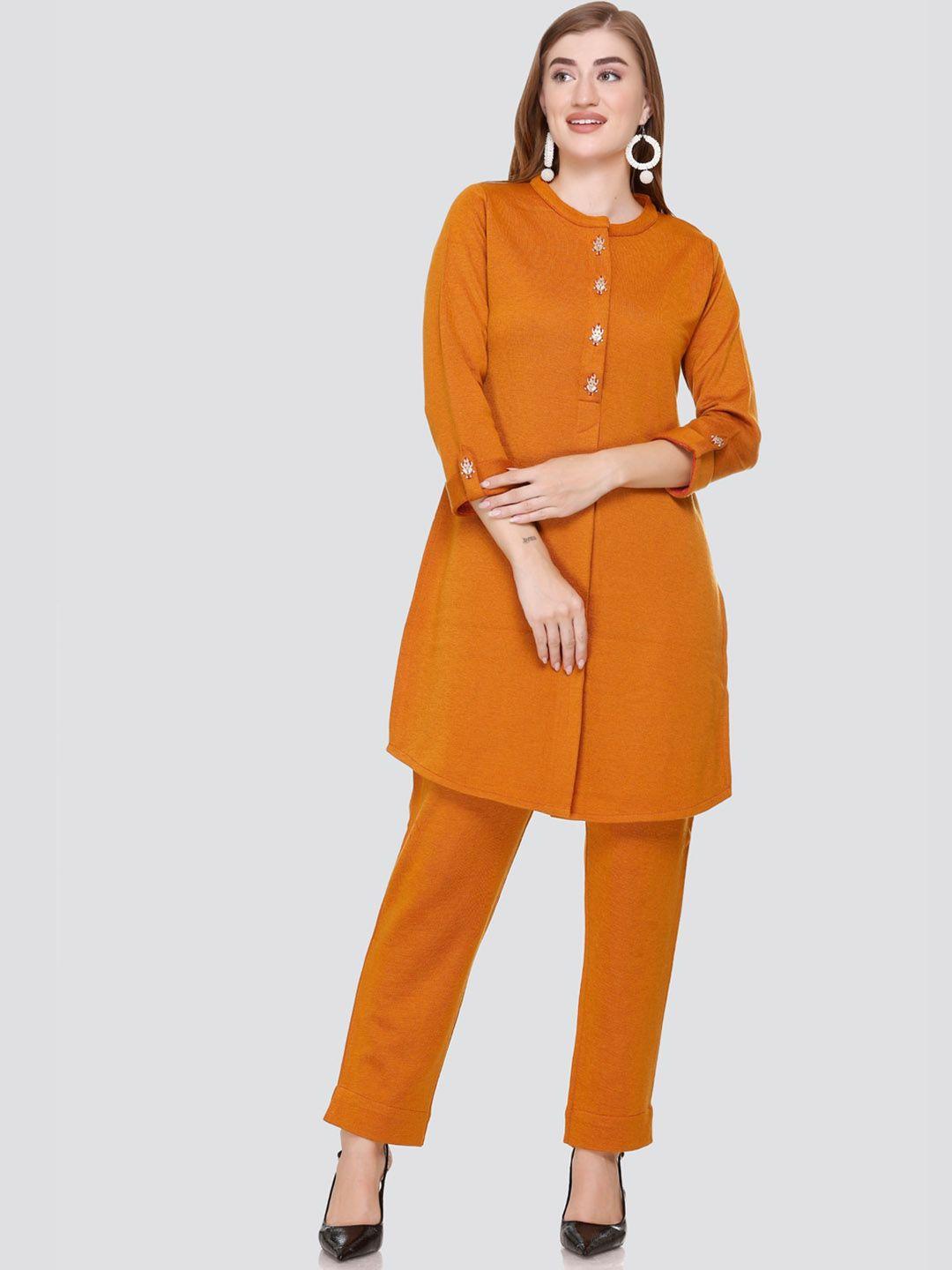 elthia mandarin collar three-quarter sleeves sequined wool blend kurta & trousers