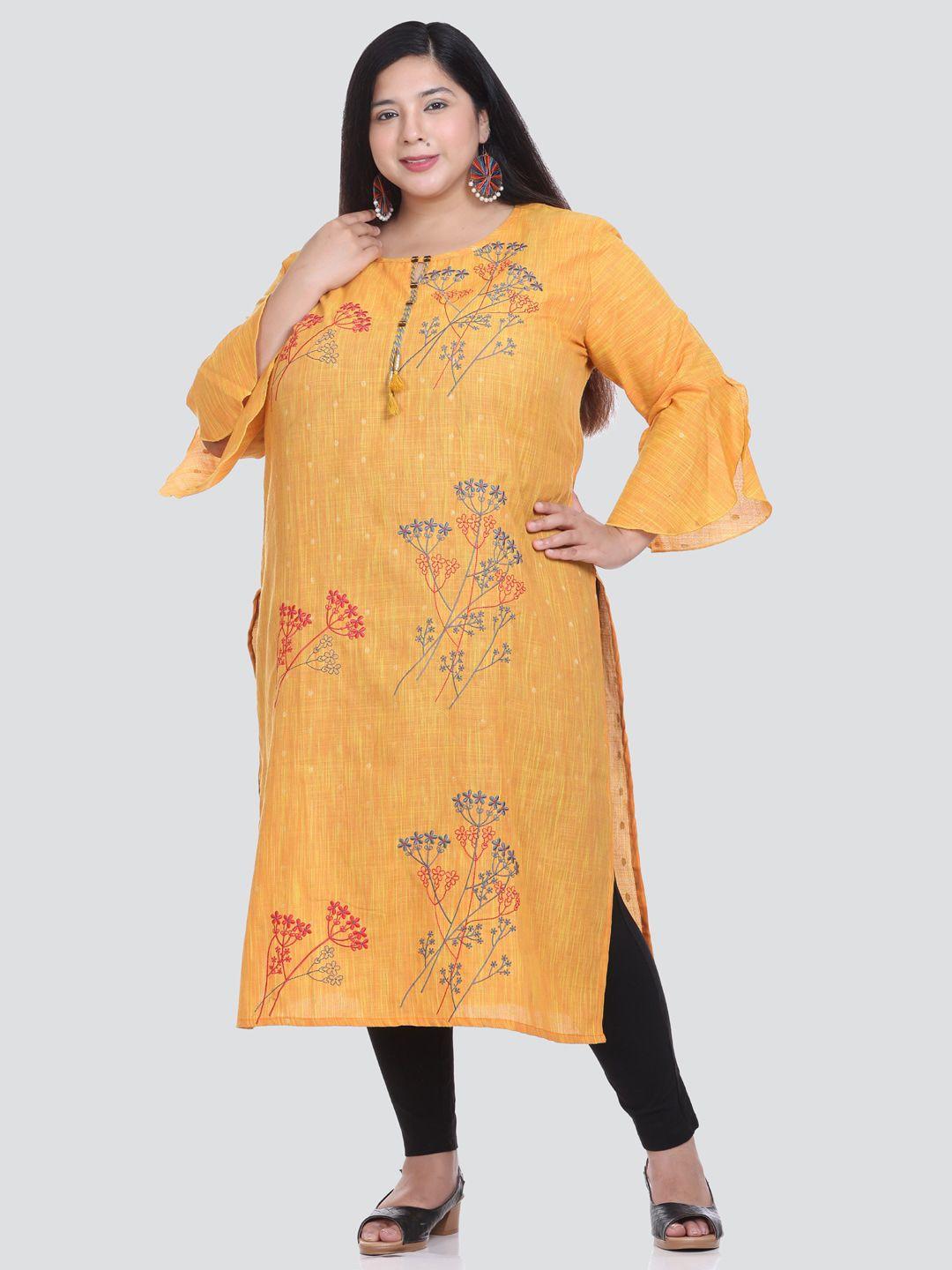 elthia plus size floral embroidered bell sleeves cotton thread work kurta