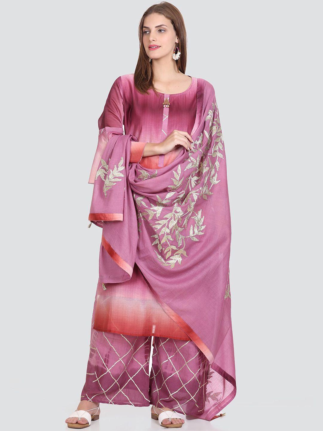elthia round neck ombre dyed regular pure silk kurta & palazzos with dupatta