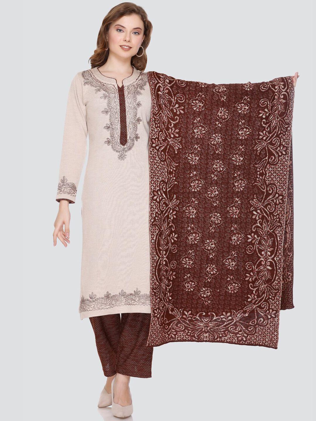 elthia women camel brown regular thread work kurti with pyjamas & with dupatta