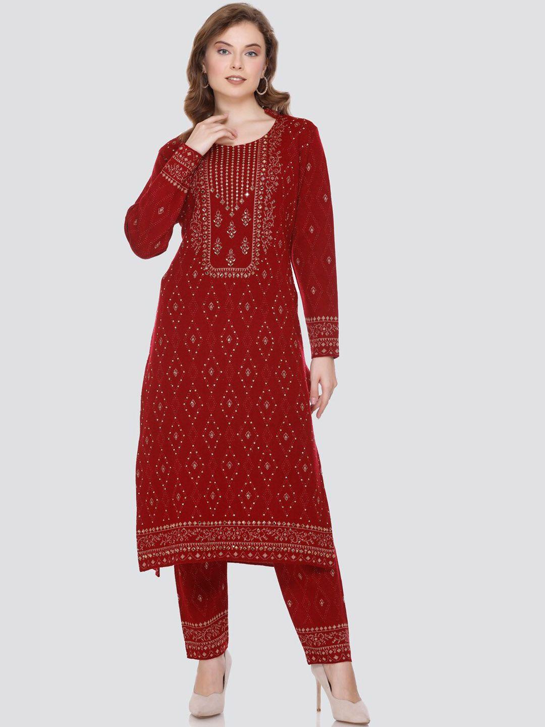 elthia women maroon regular beads and stones kurti with pyjamas & with dupatta