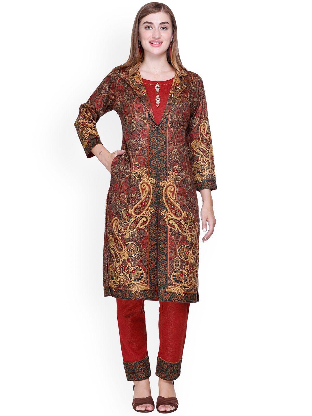 elthia women maroon regular kurta with pyjamas