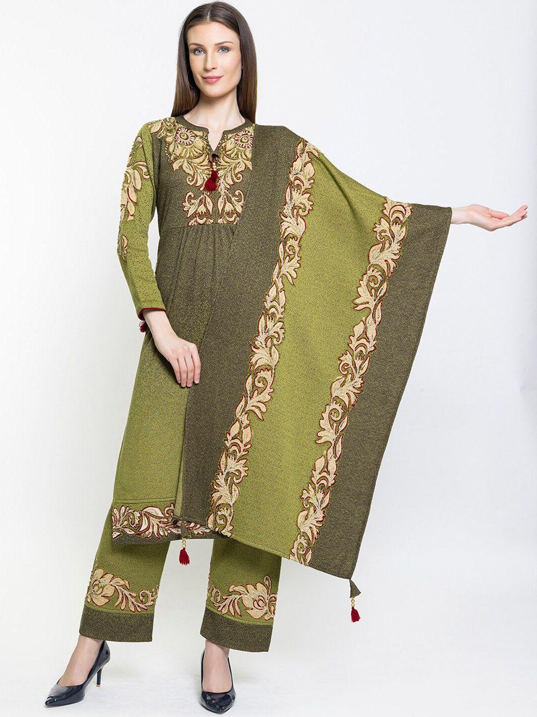 elthia women olive green regular kurti with trousers & with dupatta