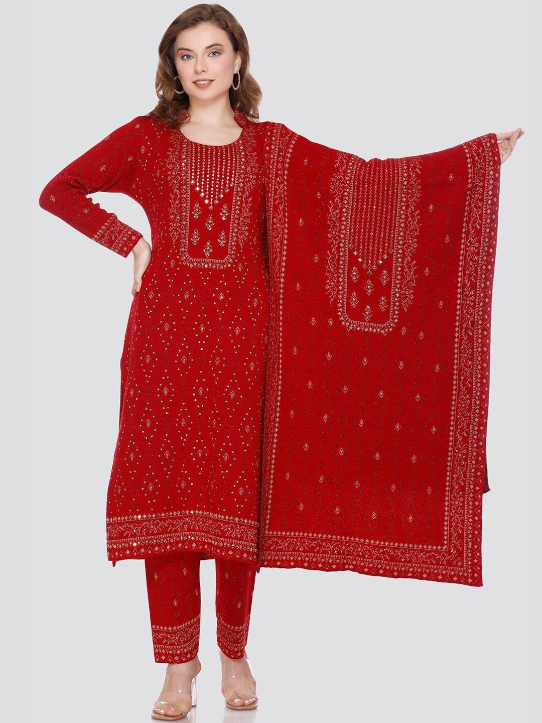 elthia women red regular beads and stones kurti with pyjamas & with dupatta