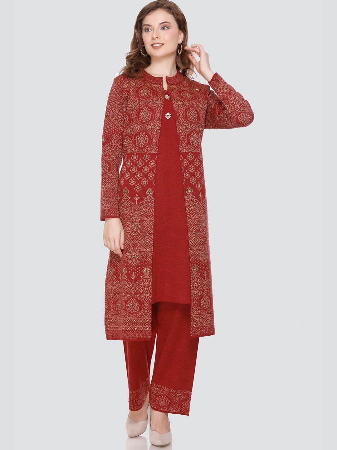 elthia women red regular beads and stones kurti with pyjamas