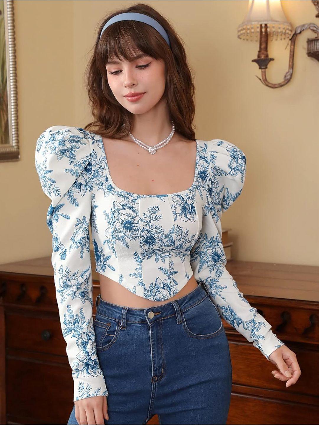 elyraa floral printed square neck puff sleeve cropped fitted top