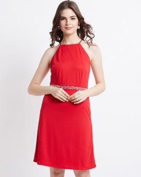embellished a-line dress with halter neck