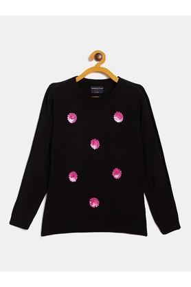 embellished acrylic round neck girls sweater - black