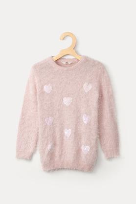 embellished acrylic round neck girls sweater - blush