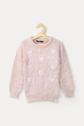 embellished acrylic round neck girls sweater - blush