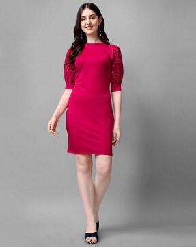 embellished bodycon dress with puff sleeves