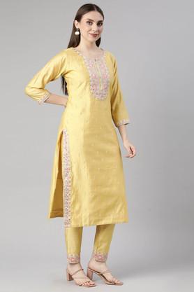embellished calf length cotton woven women's kurta set - mustard
