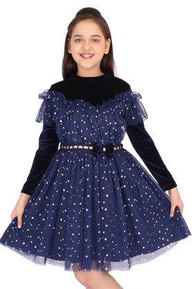embellished chenille and glitter net round neck girls party wear dress - navy