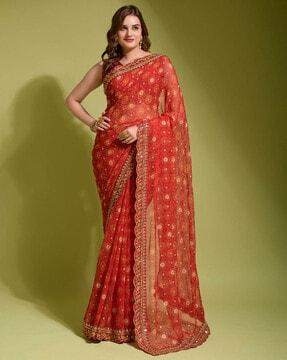 embellished chiffon saree with scalloped hem