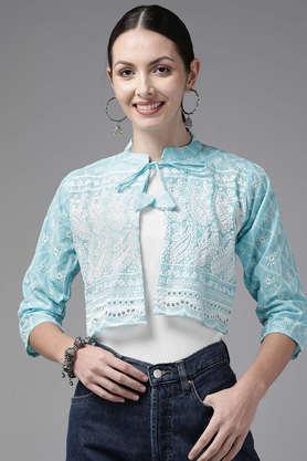 embellished collared cotton women's festive wear jacket - blue