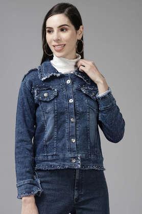 embellished collared denim women's casual wear jacket - navy