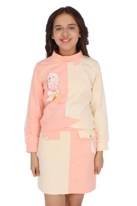 embellished cotton blend mock neck girls kurta set - peach