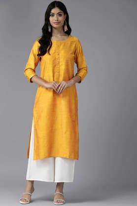 embellished cotton blend round neck women's casual wear kurti - yellow