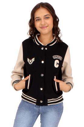 embellished cotton collared girls varsity jacket - black