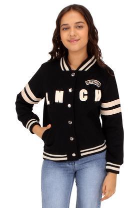 embellished cotton girls varsity jacket - black